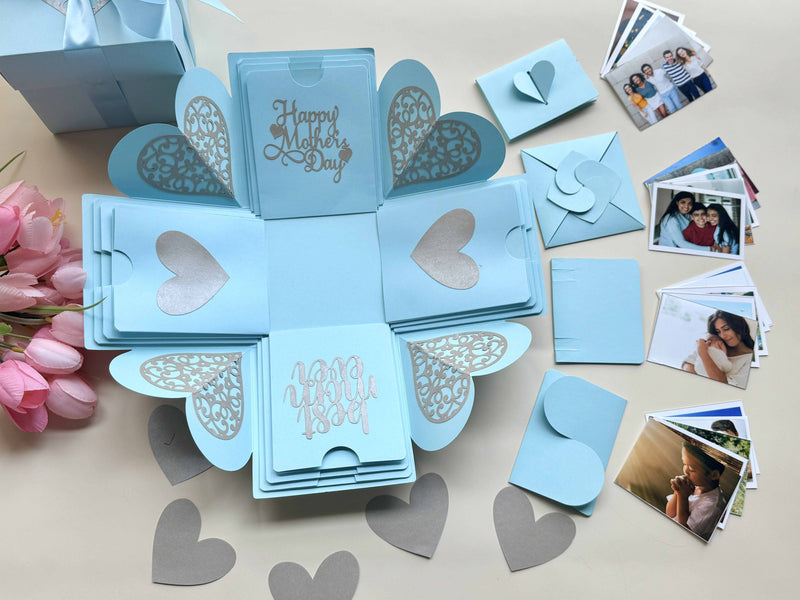 Mother's day explosion gift box - blue color with personalized photos - 20 wallet-size photos are put in a folder - flat-lay product photo 
