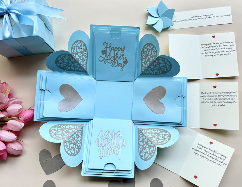 Mother's day explosion gift box with personalized messages and texts. Top view with all the elements displayed. 