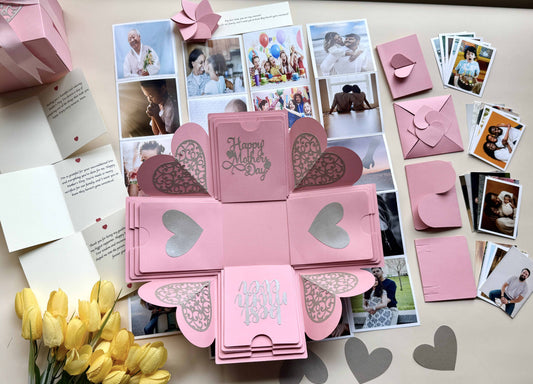 Mother's day explosion gift box in pink  with customized photos and messages - side angle 