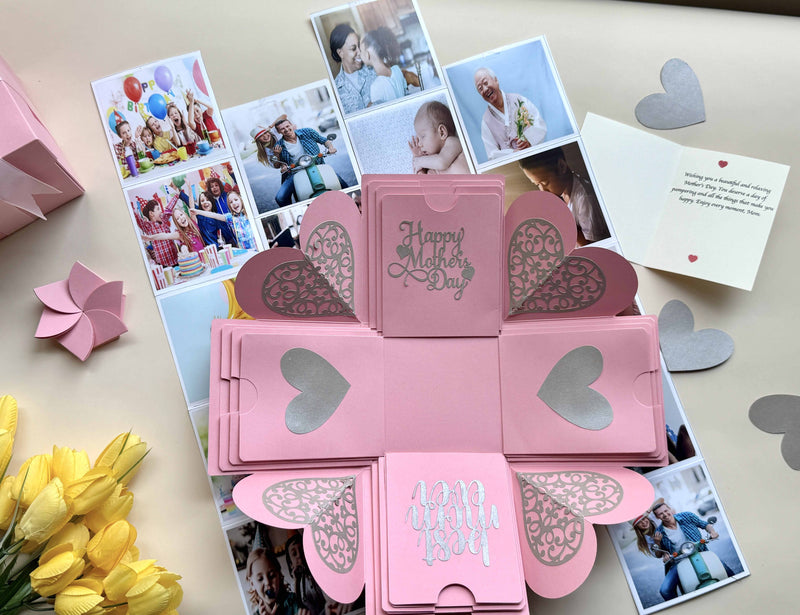 Explosion gift box for Mother's day - pink color with pull-out square albums customized - flat lay picture with notes and wishes 