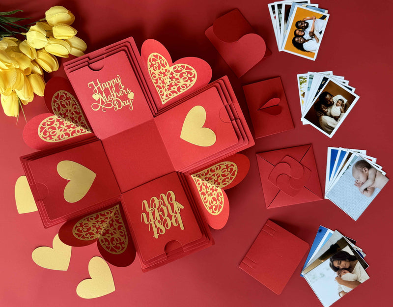 Red Mother's Day explosion box highlighting personalized wallet photos 