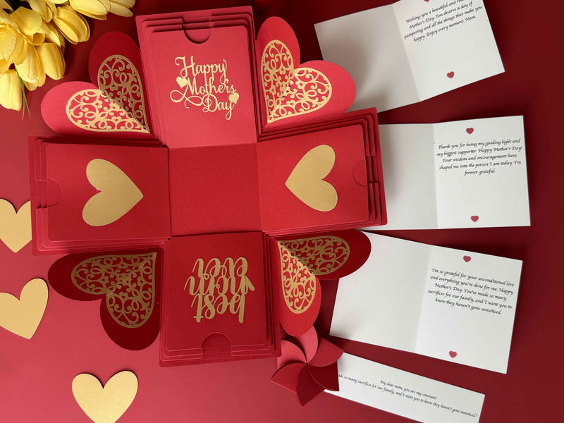 Red Mother's Day explosion box with personalized messages and secret letter - product highlight 
