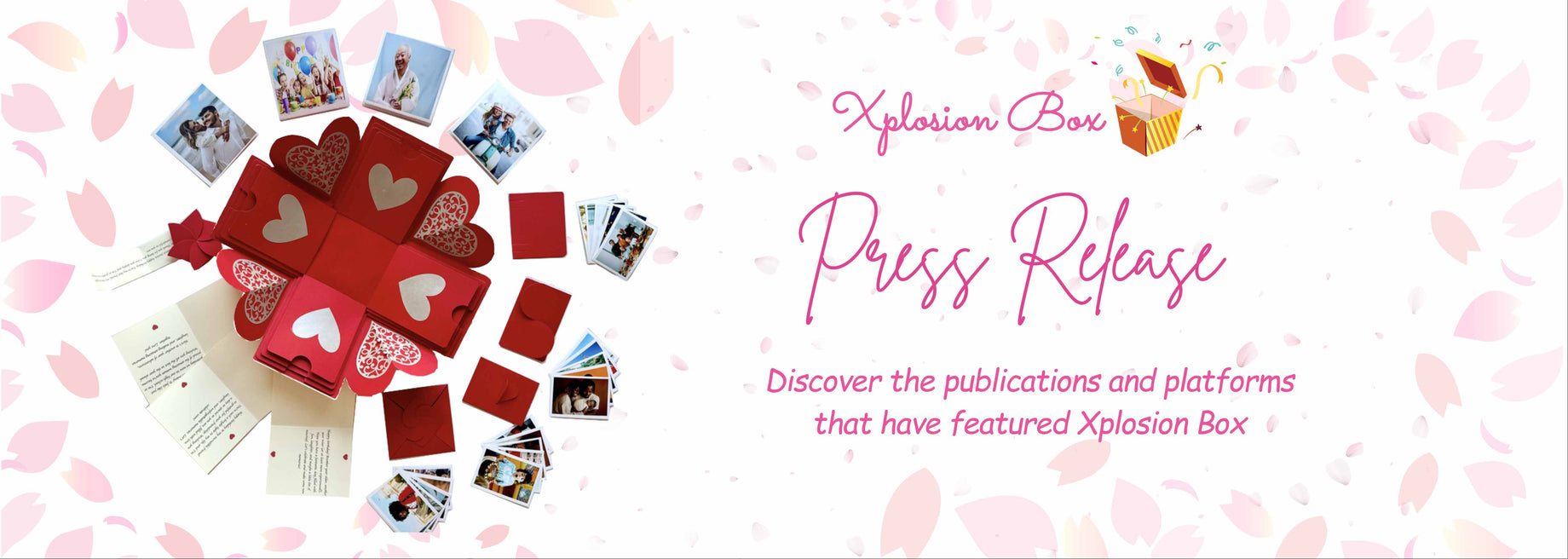 Hero banner for Xplosion Box LLC Press release with product images and text on a white background with pink heart shapes.