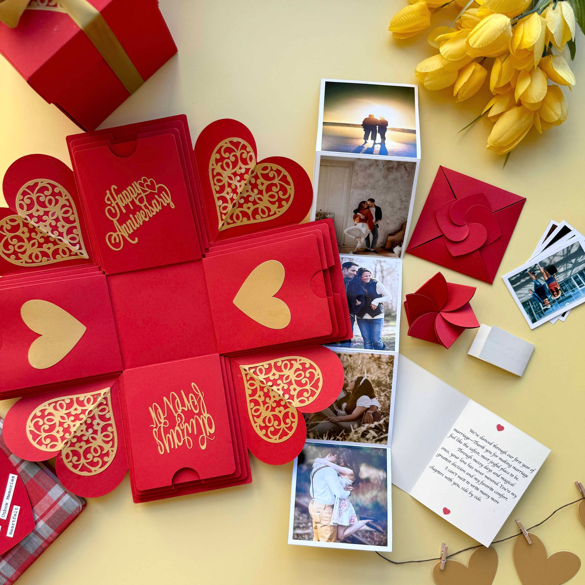 Red and Gold Anniversary Explosion Gift Box – Mini Surprise with elegant folds, custom photos, and sweet love messages in a romantic red-gold theme.
