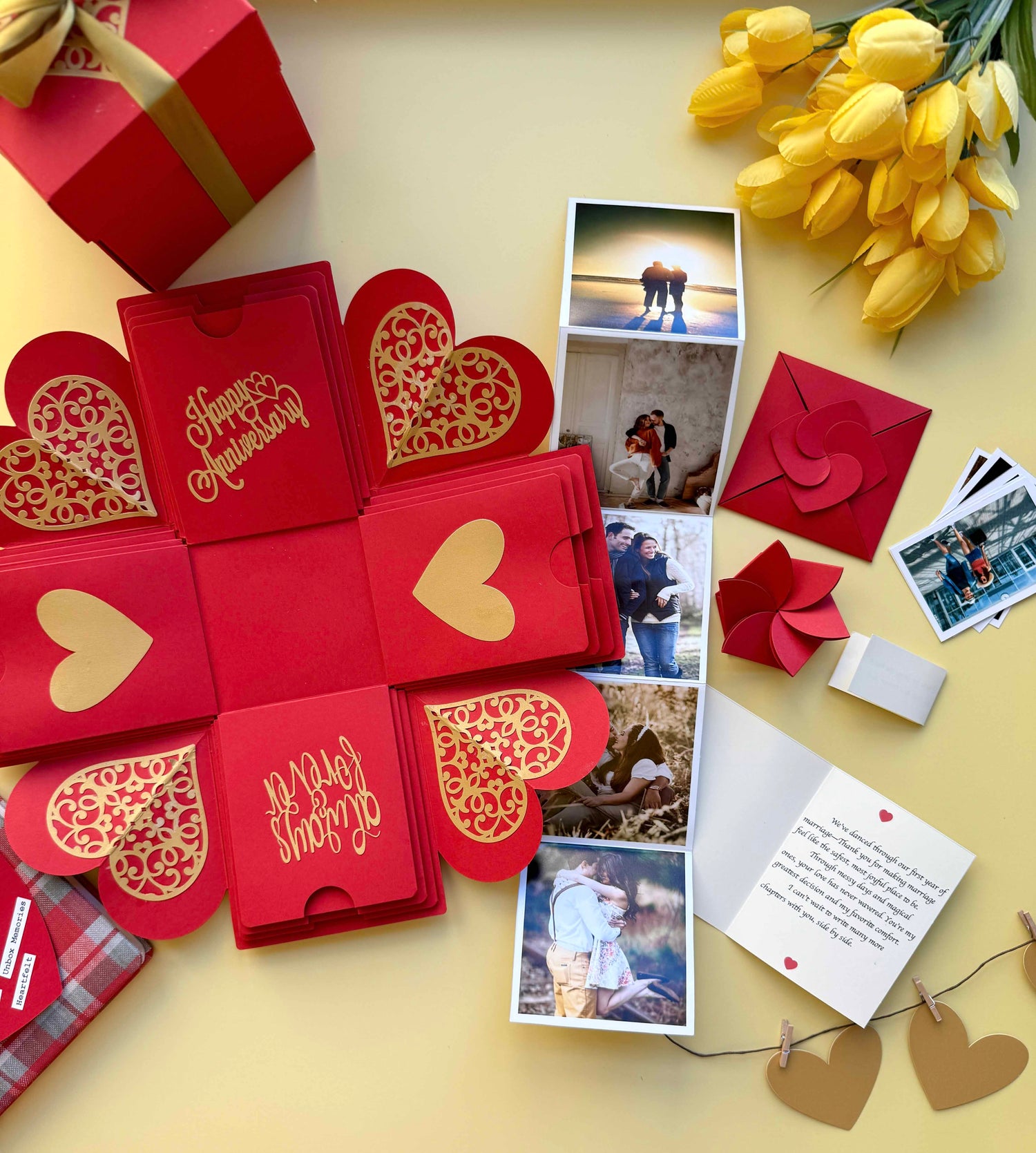 Red and Gold Anniversary Explosion Gift Box – Mini Surprise with elegant folds, custom photos, and sweet love messages in a romantic red-gold theme.