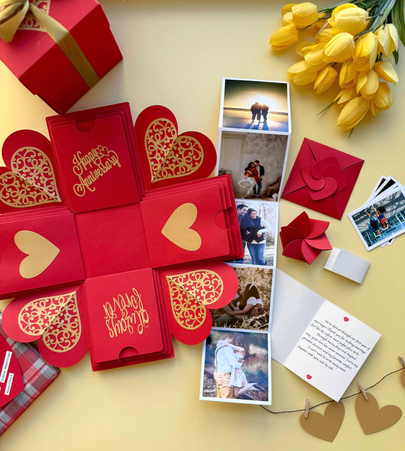 Red and Gold Anniversary Explosion Gift Box – Mini Surprise with elegant folds, custom photos, and sweet love messages in a romantic red-gold theme.