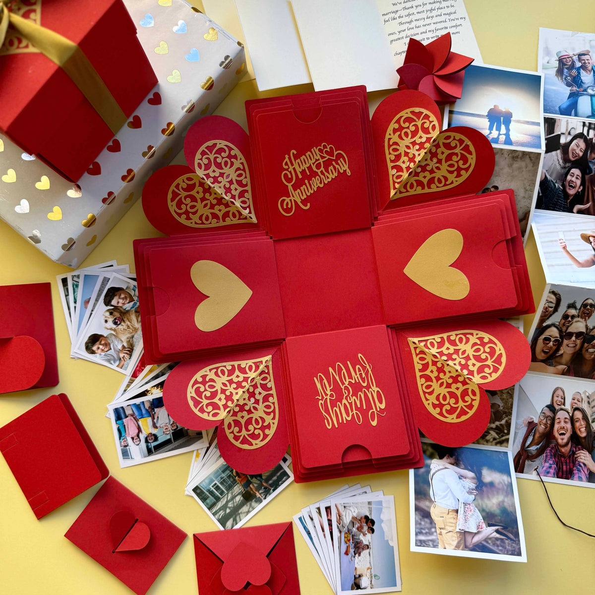 Red and Gold Anniversary Explosion Gift Box – Mega Surprise with multiple photo pull-out albums, hidden message layers, and a luxurious red-gold finish for a grand romantic reveal.