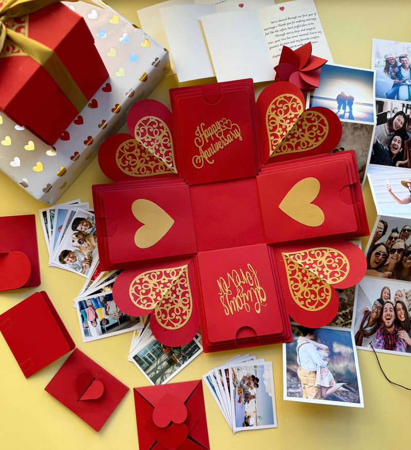 Red and Gold Anniversary Explosion Gift Box – Mega Surprise with multiple photo pull-out albums, hidden message layers, and a luxurious red-gold finish for a grand romantic reveal.