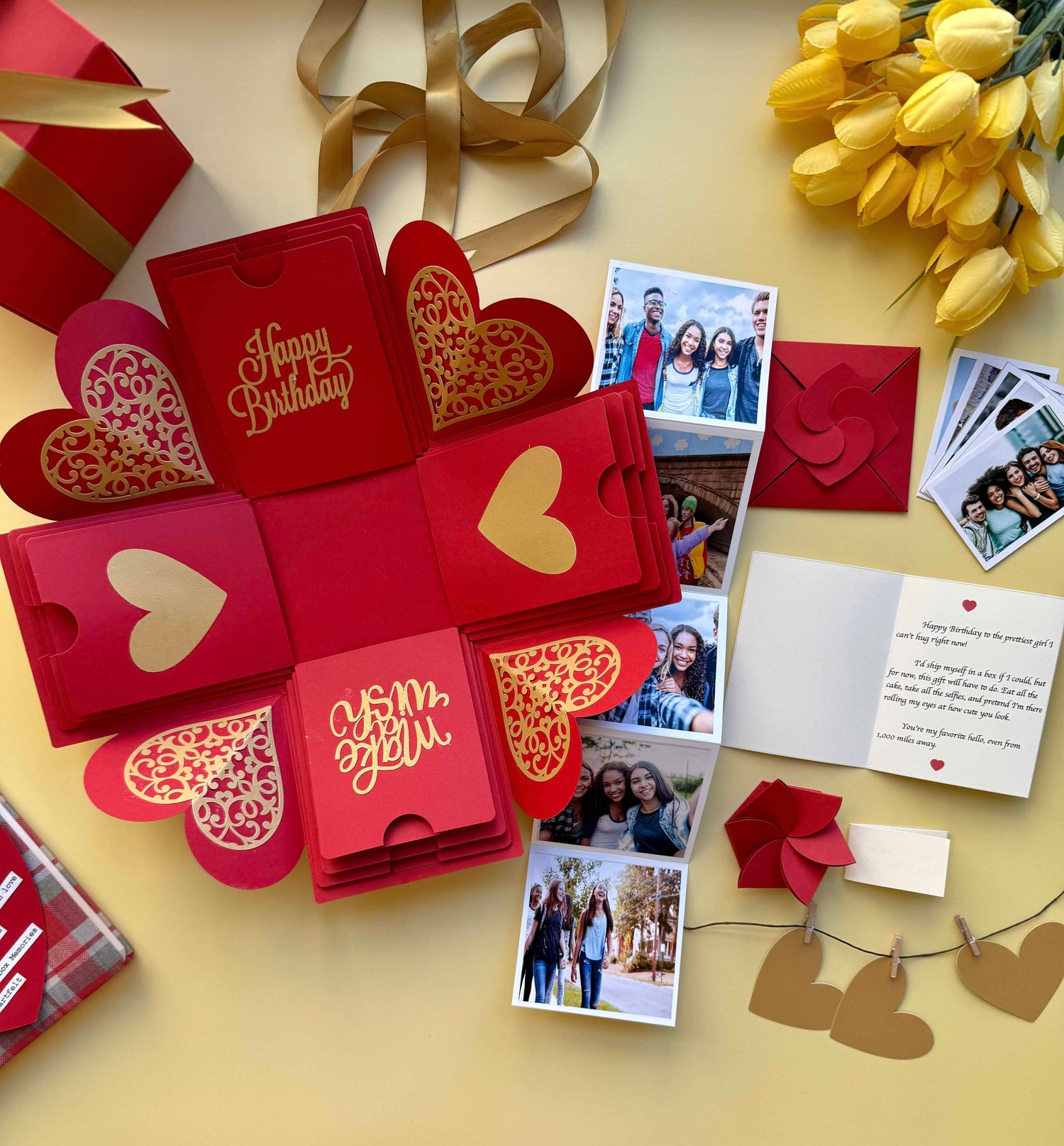 Red and Gold Birthday Explosion Gift Box – Mini Surprise with elegant folds, custom photos, and sweet birthday messages in a classy red-gold design.