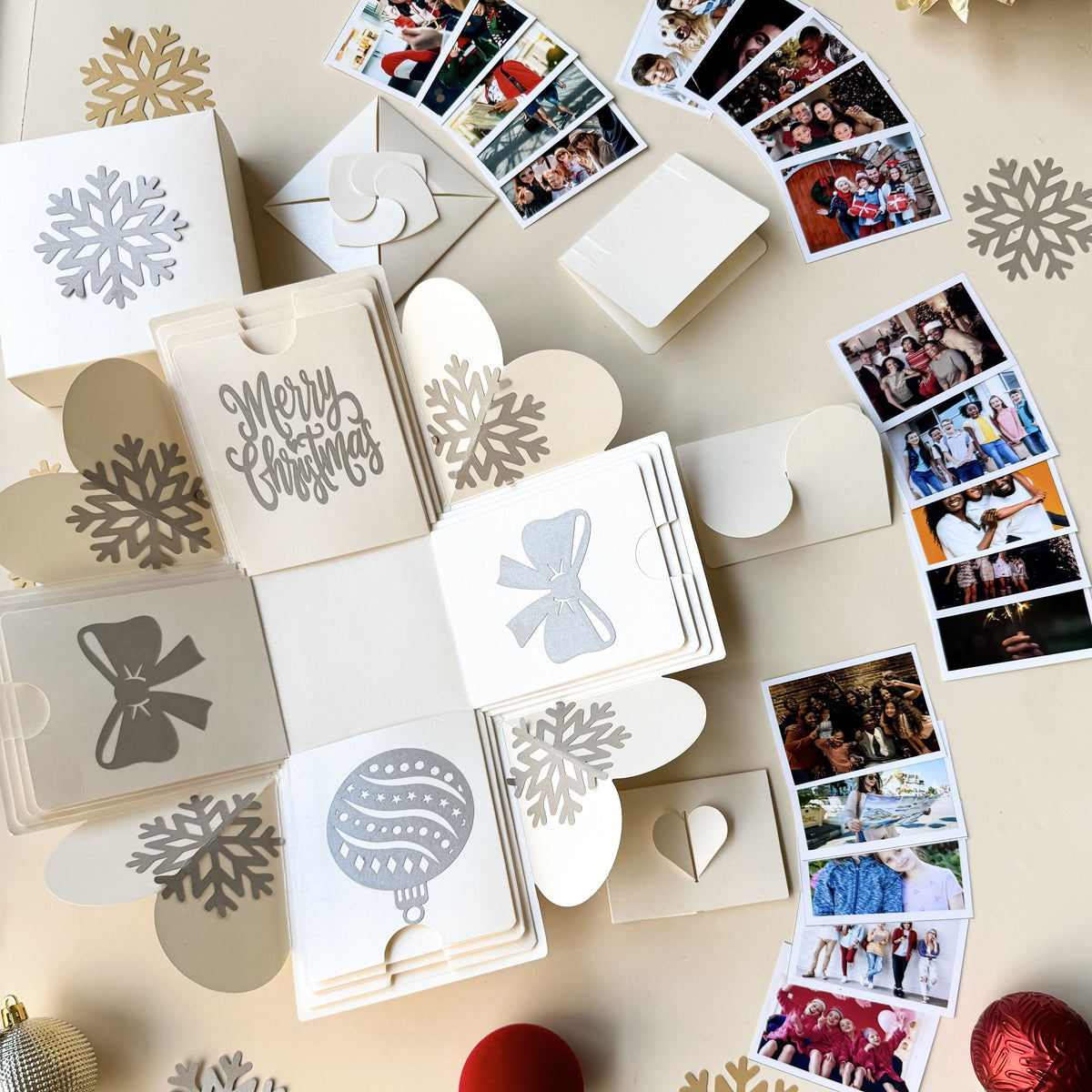 Angled shot of mini surprise explosion gift box with simple inserts.