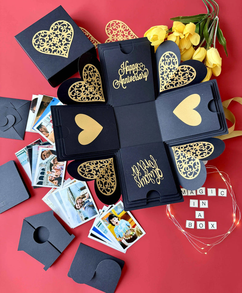 Black anniversary explosion gift box with layered panels and personalized photo insert