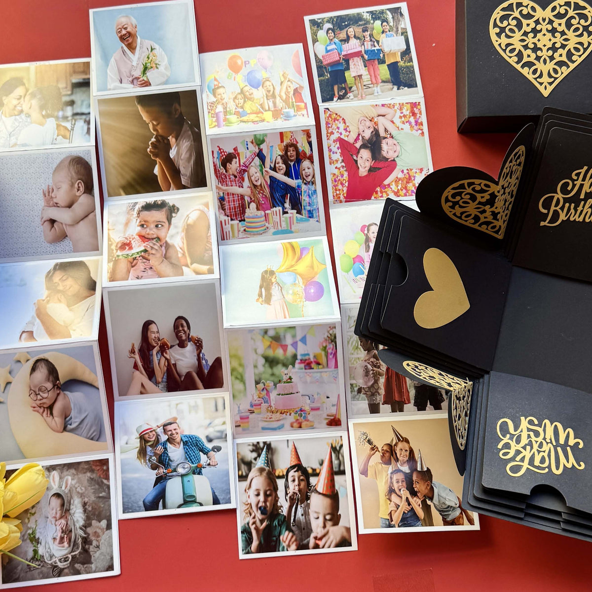 Pull-out photo albums inside the Black & Gold Birthday Explosion Box, featuring beautiful captured moments