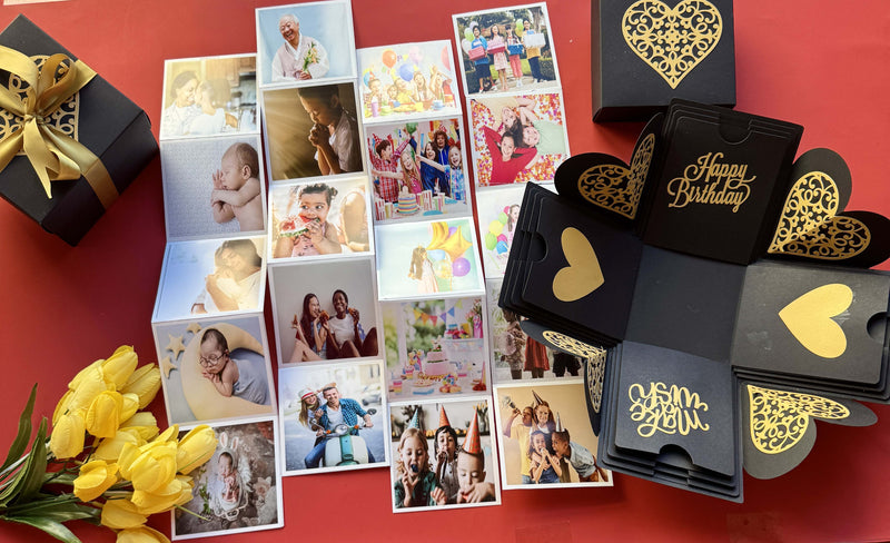 Pull-out photo albums inside the Black & Gold Birthday Explosion Box, featuring beautiful captured moments