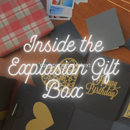 Unboxing a black and gold birthday explosion gift box revealing photos, hidden messages, and surprise layers in slow motion
