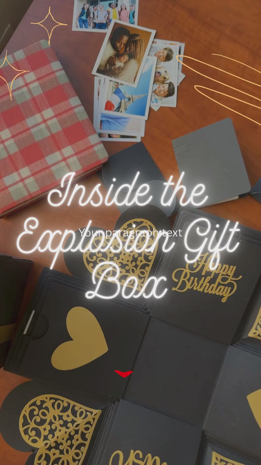 Unboxing a black and gold birthday explosion gift box revealing photos, hidden messages, and surprise layers in slow motion