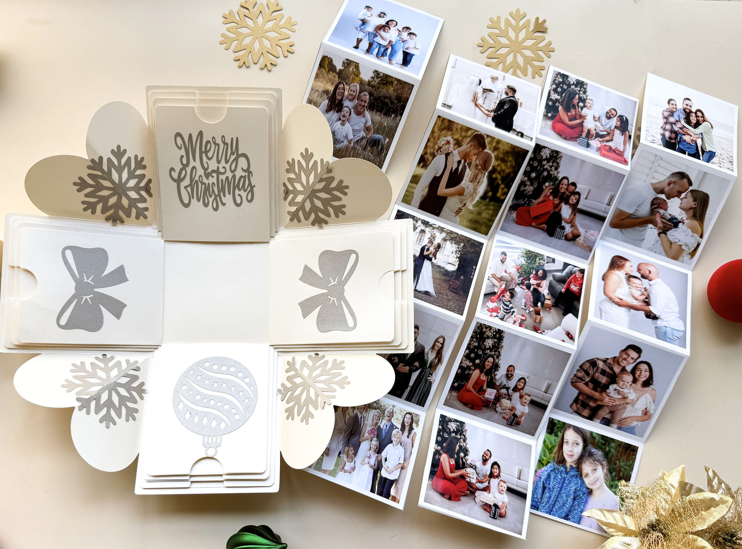 Flat lay of explosion gift box opened with contents spread around it.